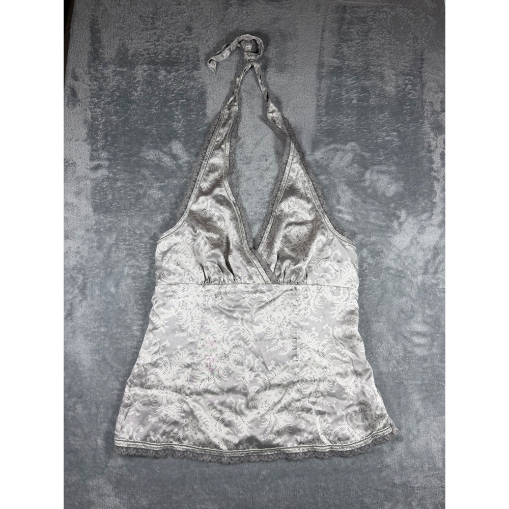 The Limited Silk Halter Top Grey Damask Lace Trim Smocked Back Blouse Womens M - Picture 2 of 9